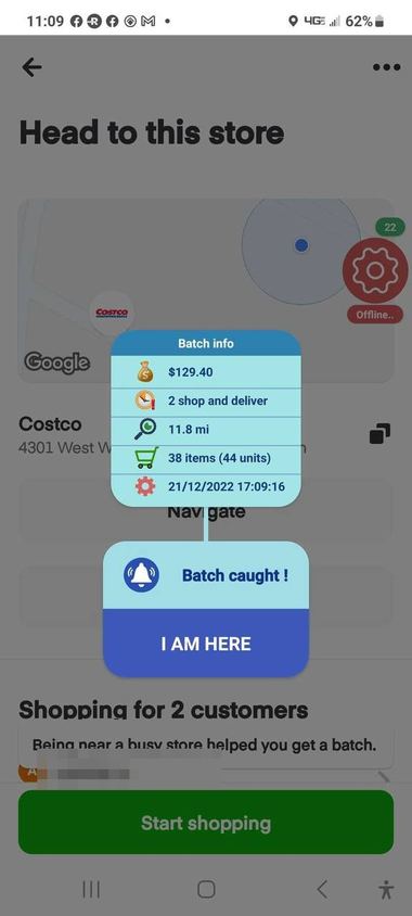 Batch caught alert over a $129.40 Costco batch, 11.8 miles, 38 items.