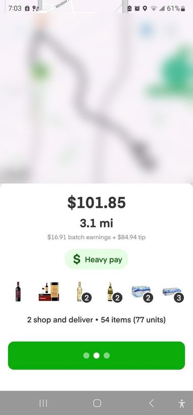 A $101.85 heavy pay batch, 3.1 miles, 54 items.