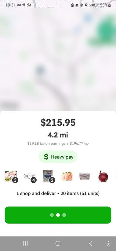 A $215.95 heavy pay batch, 4.2 miles, 20 items.